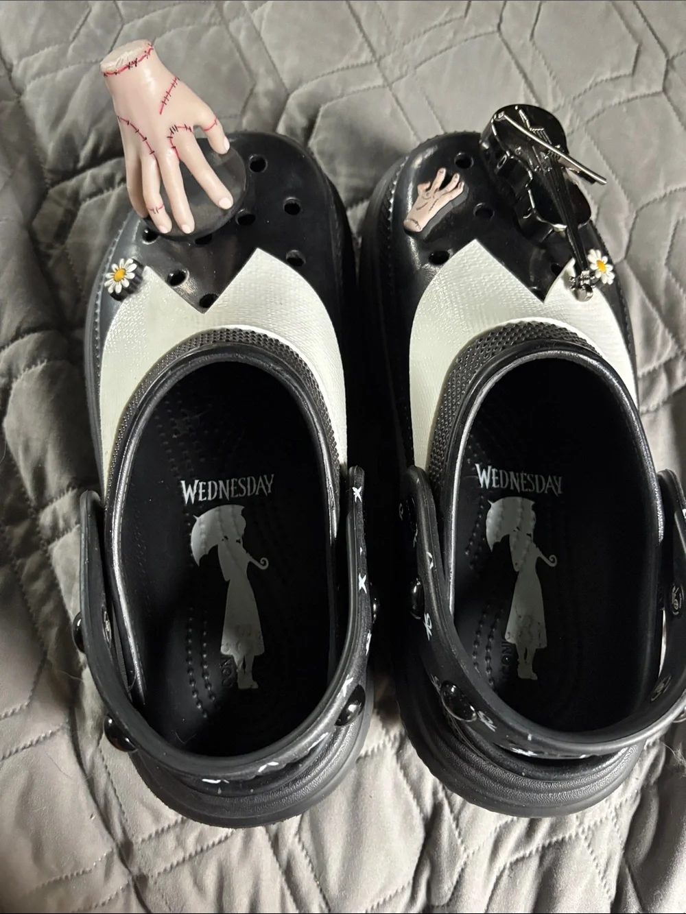 Wednesday x Crocs Stomp Clogs Black and White Slip-On Clogs with jibbits